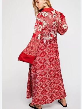 Free people Bashy Vibes embellished sequin floral kimono duster jacket rare red